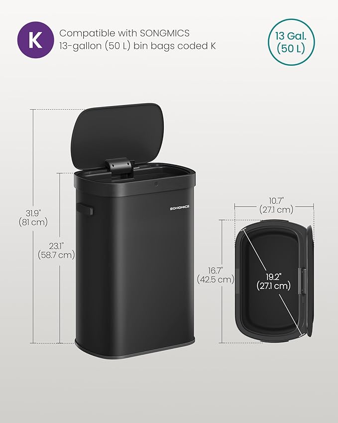 SONGMICS Motion Sensor Trash Can, 13-Gallon (50 L) Automatic Garbage Can with Soft Close Lid, Stainless Steel, Wave or Touch to Open, Includes 15 Bags, Ink Black ULTB640B01-DeskLoop Office
