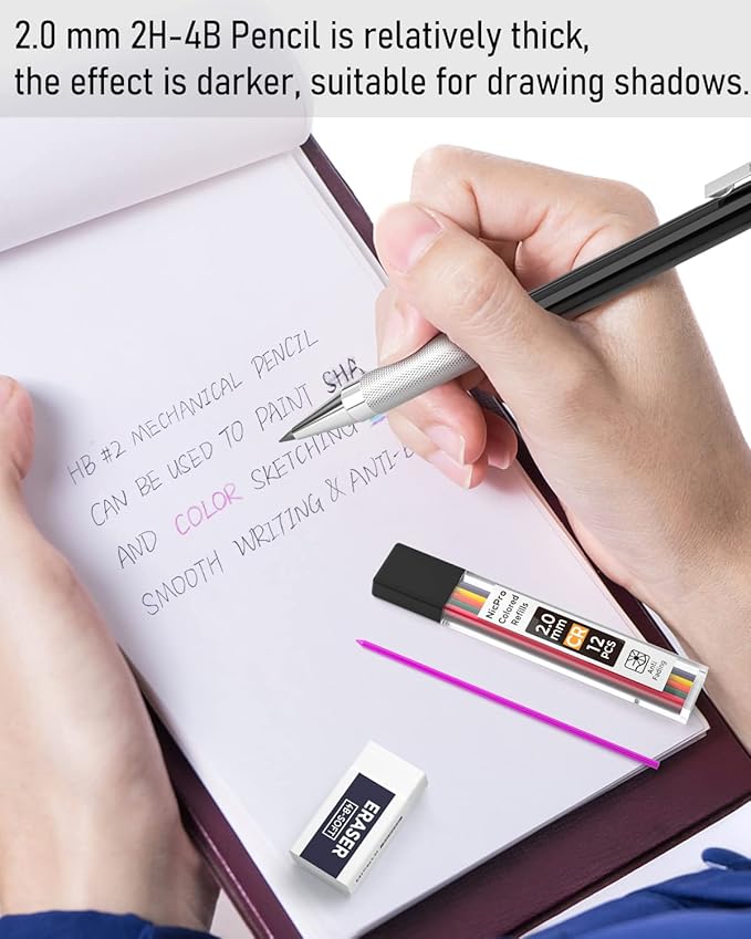 Nicpro Black Art Mechanical Pencil Set in Case, Metal Drafting Pencils 0.3, 0.5, 0.7, 0.9 & 2mm Graphite Holders (2H HB 2B 4B Colored Lead) for Sketching Drawing with 9 Lead Refills, 2 Erasers-DeskLoop Office