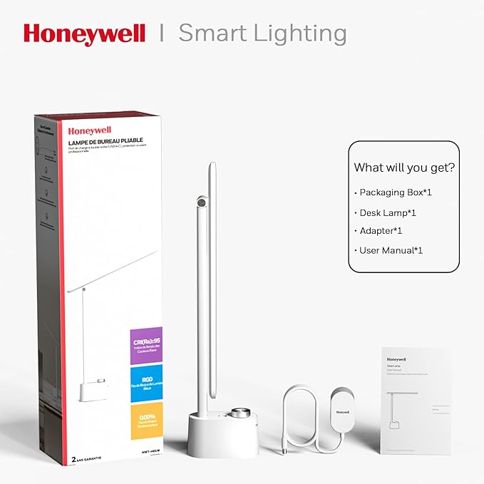 Honeywell LED Desk Lamp with USB Charging Ports - Sunturalux™ HWT-H01 Stepless Dimmable Eye Caring Table Lamp for College Dorm Home Office, Foldable Small Bedside Lamp for Bedroom with Base White-DeskLoop Office