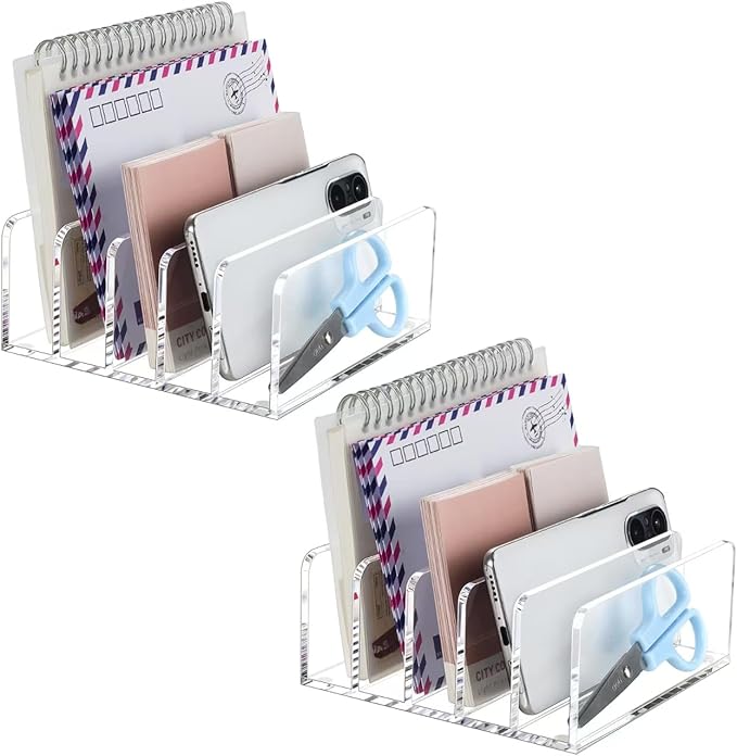 BEYGORM 2 Pack Acrylic Mail Holder, Clear Desk Organizer with Divider, Vertical Letter Sorter for Desktop, 5 Compartments Modern Office Home Envelope Organizer for Bill, Document, Notebook-DeskLoop Office
