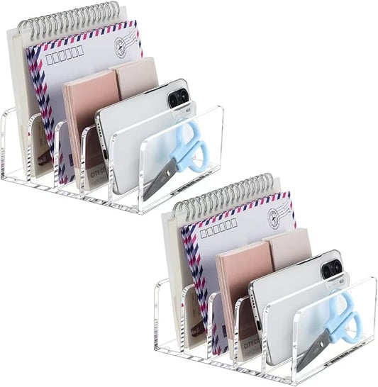 BEYGORM 2 Pack Acrylic Mail Holder, Clear Desk Organizer with Divider, Vertical Letter Sorter for Desktop, 5 Compartments Modern Office Home Envelope Organizer for Bill, Document, Notebook-DeskLoop Office