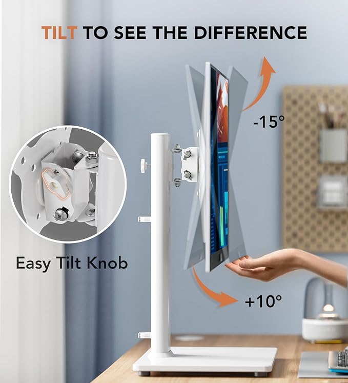 Single LCD Computer Monitor Free-Standing Desk Stand Riser for 13 inch to 32 inch Screen with Swivel, Height Adjustable, Rotation, Holds One (1) Screen up to 77Lbs(HT05W-001) White-DeskLoop Office