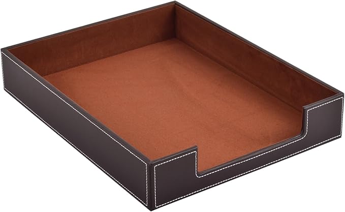 PU Leather 1-Layer Stackable Office File Document Tray Case Rack Paper Letter Tray Desk File Document Organizer Holder (Coffee)-DeskLoop Office