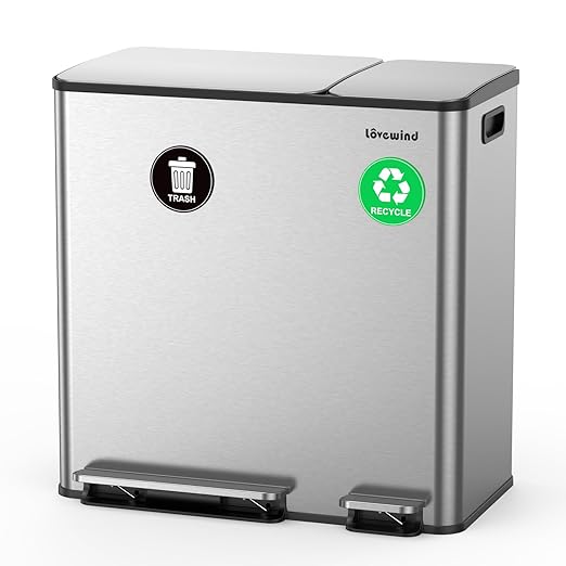 Dual Trash and Recycling Bins for Kitchen, 13.2 + 5.2 Gal (50+20L) Stainless Steel Trash and Recycle Bin Combo with Soft-Close Lid, Large Garbage Cans for Kitchen Home with 2 Magnets Sticker, Silver-DeskLoop Office