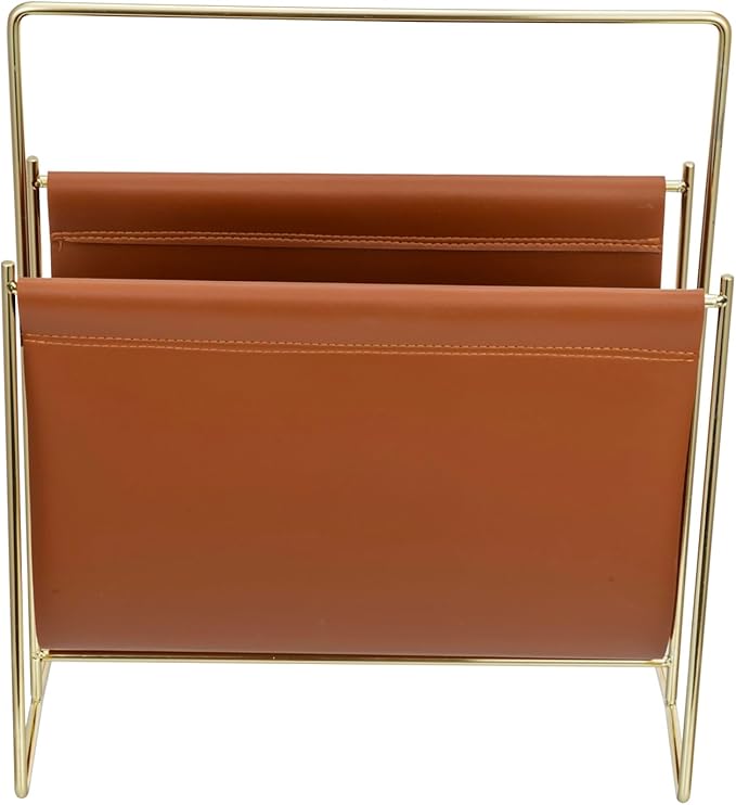 MyGift 13 inch Modern Caramel Leatherette Magazine Holder Floor Standing Sling Style Rack with Brass Tone Metal Frame-DeskLoop Office