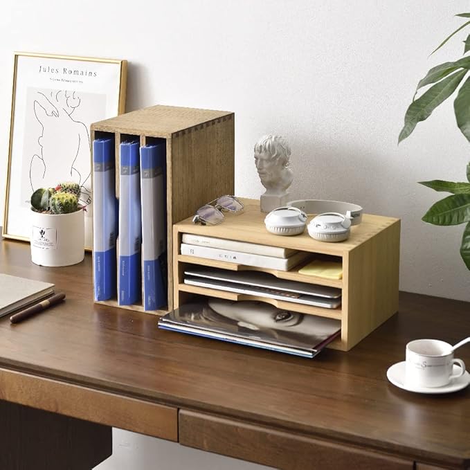 KIRIGEN Wooden Desktop Organizer Paper Storage Letter Tray File Sorter - Desk Rack Magazine File Dividers Holders for Home Office Accessories with 3 Layer Trays Dark Brown (3KWJG-DBR)-DeskLoop Office