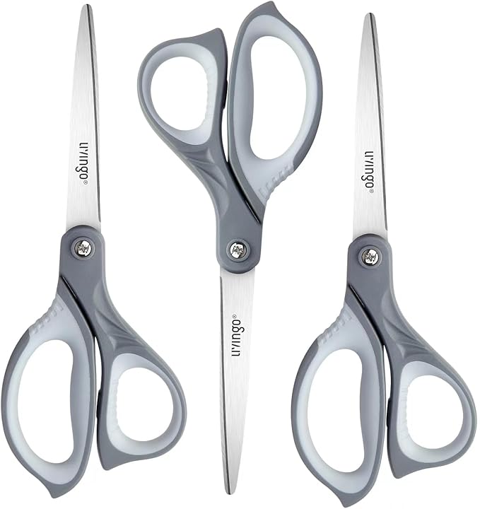 LIVINGO 3 Pack Scissors for Office: Sharp Stainless Steel Shears Heavy Duty All Purpose for Cutting Crafting Paper Fabric, Gray Comfort Handles, 8.5 Inches-DeskLoop Office
