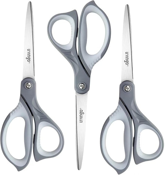 LIVINGO 3 Pack Scissors for Office: Sharp Stainless Steel Shears Heavy Duty All Purpose for Cutting Crafting Paper Fabric, Gray Comfort Handles, 8.5 Inches-DeskLoop Office