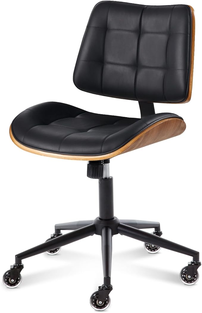 Home Office Desk Chair with Wheels, Adjustable Height Armless Office Chair, PU Leather Mid Back 360° Small Computer Chair, Modern Walnut Chair No Arms for Office, Reading Meeting Room(Black)-DeskLoop Office