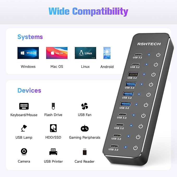 RSHTECH 10 Ports Powered USB 3.2/USB C Hub Splitter 60W with 3 x 10Gbps USB 3.2 Ports (2C + 1A),7 x USB 3.0 Ports (4C +3A), 3.3ft Cable and Individual Touch Switches for Laptop PC-DeskLoop Office