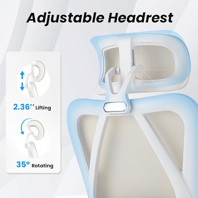 Farini Ergonomic Office Chair with Footrest, Mesh Office Desk Chair with Headrest, High Back Computer Chair with Adjustable Lumbar Support for Home Office Study Room Bedroom, White & Kakhi-DeskLoop Office