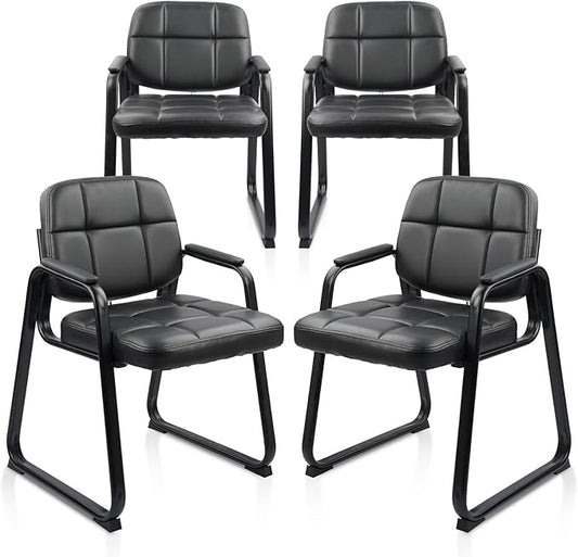 CLATINA Waiting Room Guest Chair with Bonded Leather Padded Arm Rest for Office Reception and Conference Desk Black with Sled Base 4 Pack-DeskLoop Office