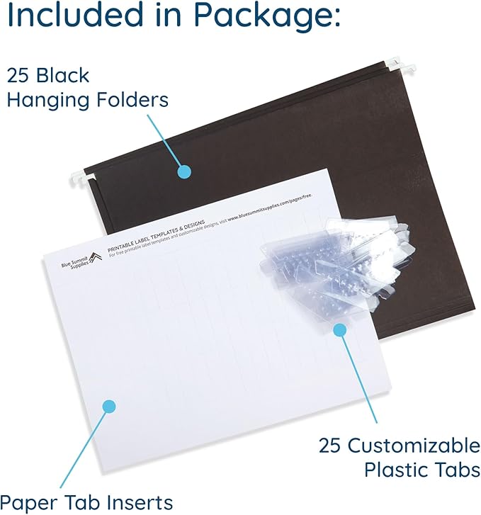 Blue Summit Supplies Hanging File Folders, 25 Reinforced Hang Folders, Designed for Home and Office Color Coded File Organization, Letter Size, Black, 25 Pack-DeskLoop Office