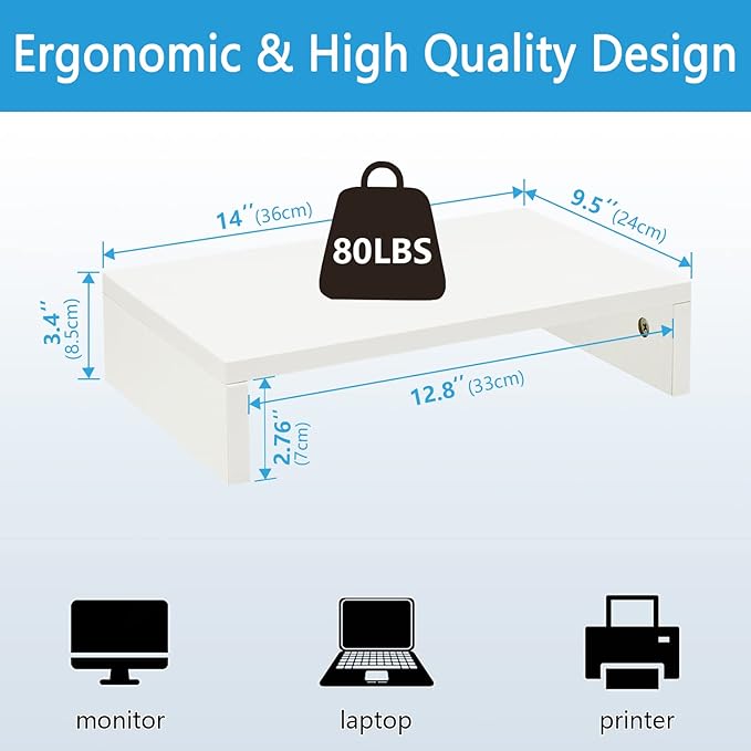 TEAMIX 14.2 inch White Monitor Stand Riser, Wood Monitor Riser with Storage for Desk Small Monitor Stand TV/Screen/PC/Laptop Riser Computer Stand Desktop Shelf (White-14.2 inch)-DeskLoop Office