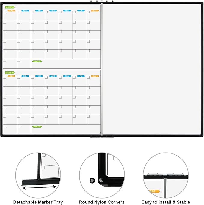 JILoffice Magnetic Foldable Dry Erase Calendar Whiteboard Combo, 2 Month Calendar Board & White Board 72 X 40 Inch, Black Aluminum Frame Wall Mounted Board for Office Home and School-DeskLoop Office