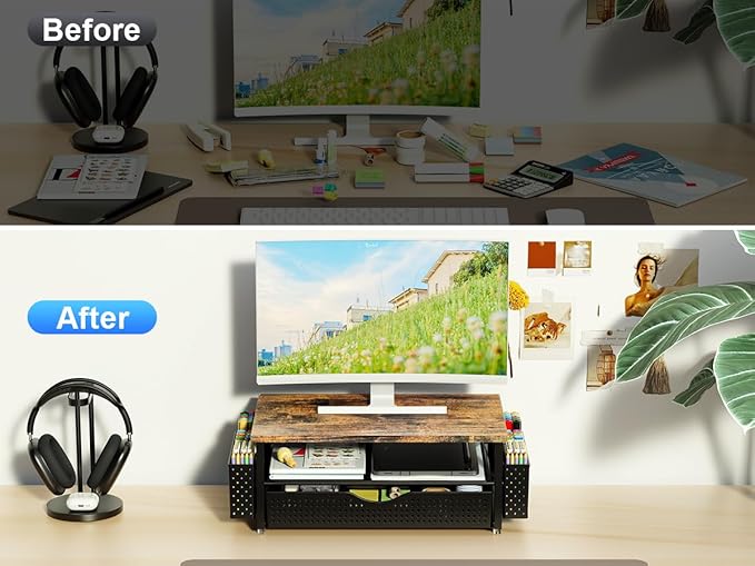 Desk Organizer and Accessories, Computer Monitor Stand Riser with Drawer and 2 Pen Holders, Office Desk Accessories & Workspace Organizers for Office Supplies (Wood)-DeskLoop Office