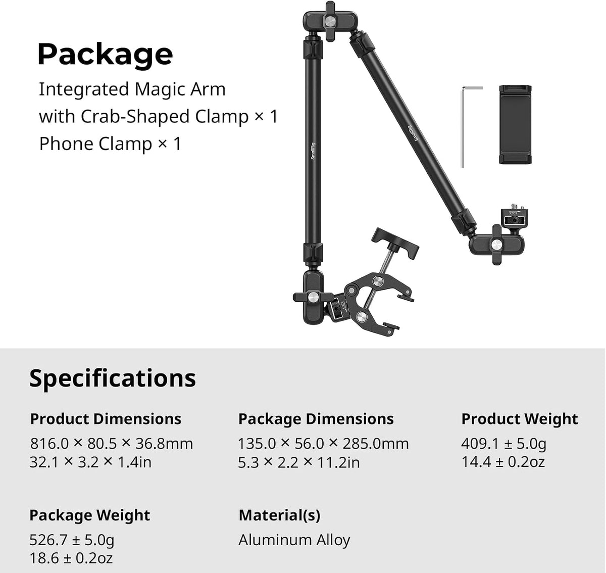 SmallRig 22.4" Magic Arm with Super Clamp, Flexible Overhead Camera & Phone Mount, 1/4" Screw, Cable Clip, Max Load 2.2 lbs, Black – 5625