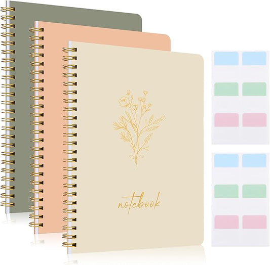 3 Pcs Spiral Notebook 5.9x8.3, 140 Pages Small Notebook for Women A5 College Ruled Journals Cute Notebooks with Large Pockets and Index Stickers for Home School Office Use(Green, Beige, Orange)-DeskLoop Office