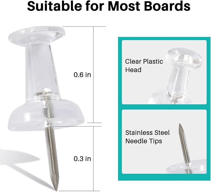 60Pcs Push Pins for Bulletin Board, Thumb Tacks for Cork Board, Clear Plastic Head, Steel Tip, Thumbtacks for Wall Poster Photo Maps Pictures Office Home Decor-DeskLoop Office