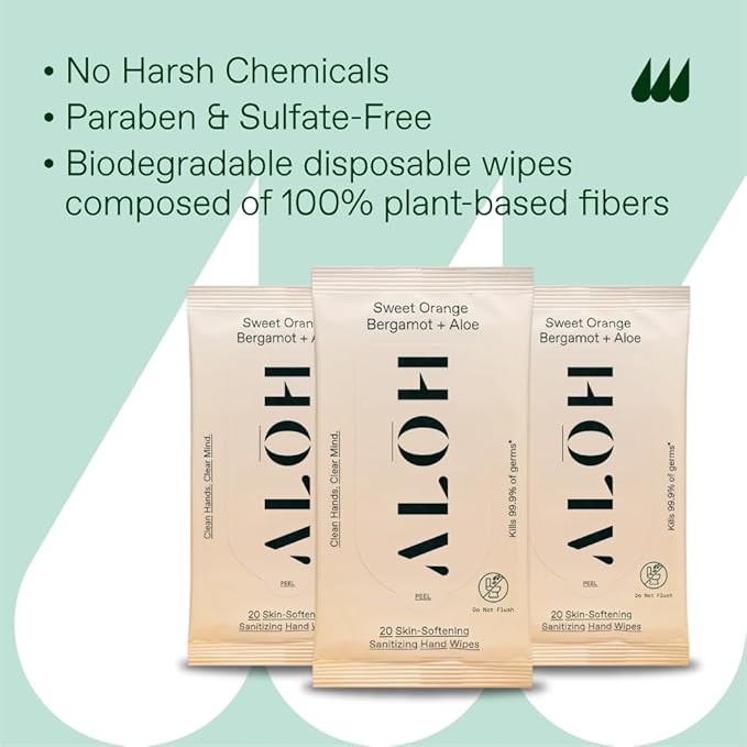 ALŌH Sweet Orange Bergamot + Aloe Sanitizing Hand Wipes - Clean Hands, Clear Mind - On The Go Hand Sanitizing Wipes for Kids and Adults - Travel Size 3 Pack 20ct Wipes (60 wipes)-DeskLoop Office