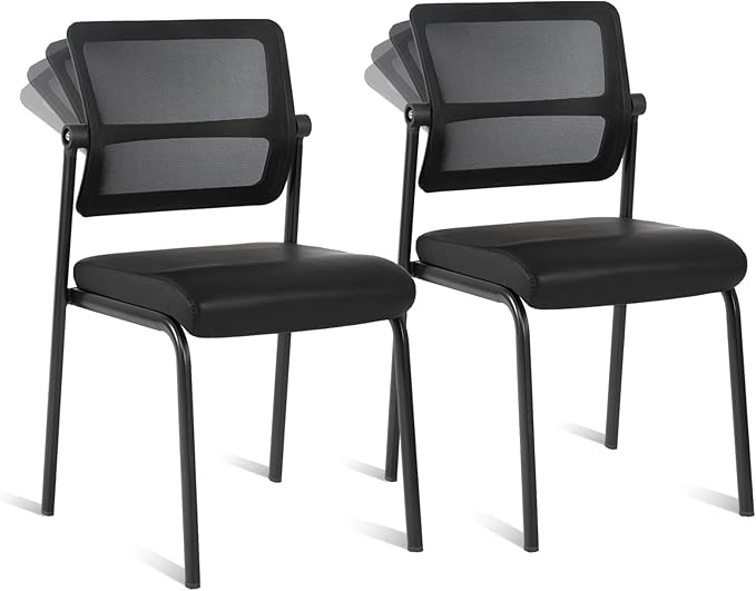 CLATINA Stackable Waiting Room Chair with Adjustable Mesh Backrest, Armless Office Guest Reception Chairs with Leather Cushion and Ergonomic Lumbar Support for Conference Lobby Side School, Black, 2PK-DeskLoop Office