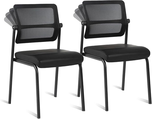 CLATINA Stackable Waiting Room Chair with Adjustable Mesh Backrest, Armless Office Guest Reception Chairs with Leather Cushion and Ergonomic Lumbar Support for Conference Lobby Side School, Black, 2PK-DeskLoop Office
