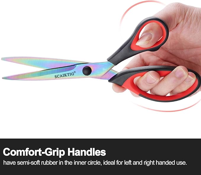 Craft Scissors Set of 3 Pack, All Purpose Sharp Titanium Blades Shears, Comfort Grip Handle, Multipurpose Fabric Scissors Tool Great for Adults, Office, Sewing, School and Home Supplies, Red&Black-DeskLoop Office