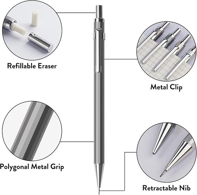 Four Candies 0.5mm Mechanical Pencil Set with Case - 4PCS Metal Mechanical Pencils, 8 Tubes HB #2 Lead Refills, 3PCS 4B Erasers and 9PCS Eraser Refills, Lead Mechanical Pencils for Writing & Drawing-DeskLoop Office