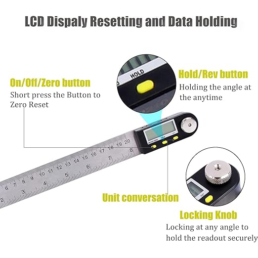 Delgada 8 inch/200mm Digital Angle Finder Ruler - Stainless Steel Protractor for Woodworking and Construction - Battery Included-DeskLoop Office