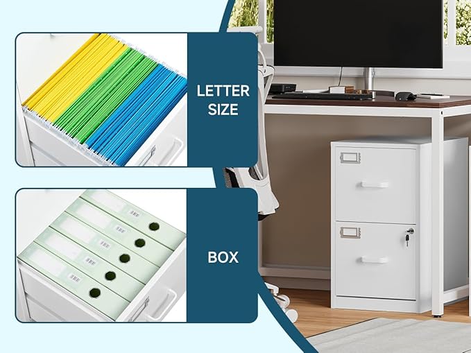 MIIIKO 2 Drawer Filing Cabinet with Lock, Metal Vertical File Cabinets for Home Office, Lockable File Storage Cabinets Under Desk, Letter/A4 File Folders Storage(White-Assembly Required
