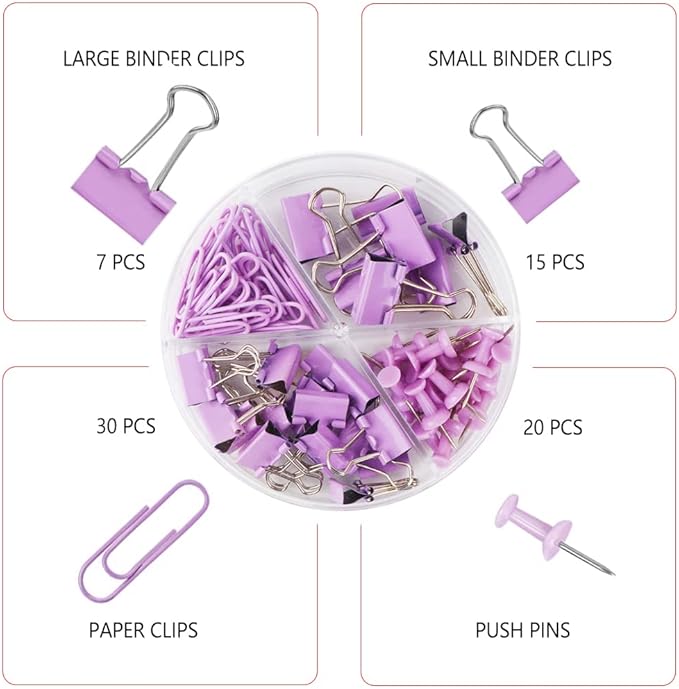 Purple Paper Clips and Binder Clips Set, 216 pcs, Metal Assorted Sized Binders with Push Pins, Cute Office Supplies for Desk, Durable Desk Accessories, 3 Pack-DeskLoop Office