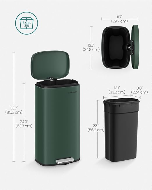 SONGMICS Trash Can with Lid, 8 Gallon Garbage Can, Stainless Steel Small Waste Bin with Step Pedal and Inner Bucket, Soft Close, Kitchen, Retro Green ULTB003C01-DeskLoop Office