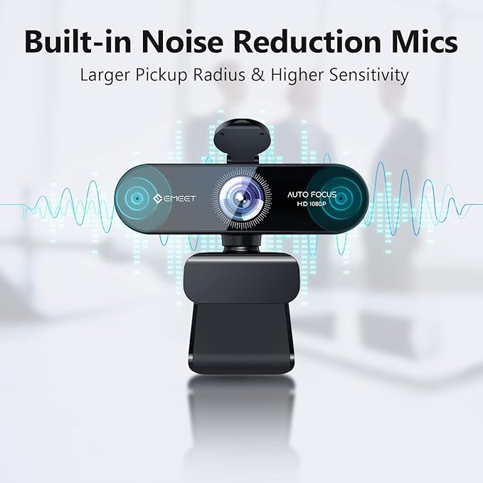 1080P Webcam with Microphone, eMeet Nova AutoFocus HD Webcam, 96°View Web Camera w/ 2 De-Noise Mics for Laptop/Desktop, Plug & Play USB Streaming Computer Camera for Conference/Calling/Teaching/Gaming-DeskLoop Office