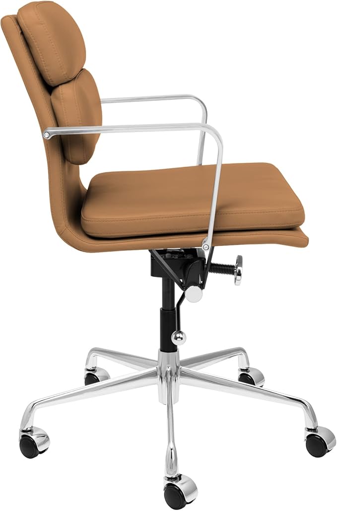 Laura Davidson Furniture SOHO II Padded Management Office Chair - Mid Back Desk Chair with Arm Rest, Swivel & Cushion Availability, Made of Faux Leather, Tan, Computer Chair-DeskLoop Office