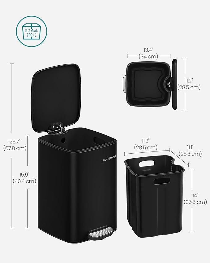 SONGMICS Kitchen Trash Can, 5.2-Gallon (20 L) Trash Bin, Stainless Steel Garbage Can, with Inner Bucket, Soft Close and Stays Open, Ink Black ULTB592B01-DeskLoop Office