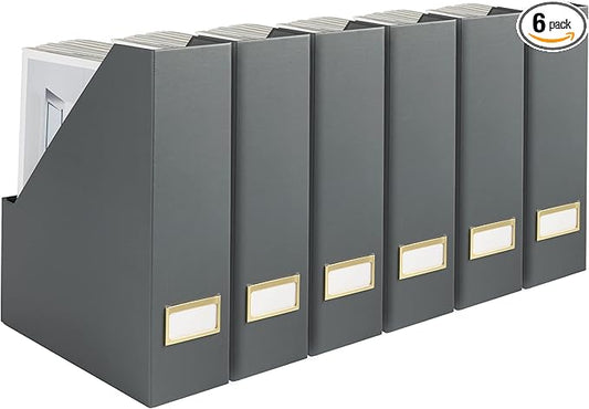 BLU MONACO Set of 6 Foldable Grey Magazine Holders with Gold Label Holders – Stylish File Boxes for Home Office Desktop, Bookshelf, or Classroom Organization-DeskLoop Office