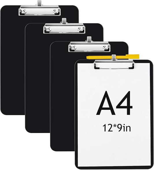 4 Pcs Metal Clipboards with Pen Holder 12 x 9 Inch Black Clip Board with Profile Clip Standard A4 Letter Size Plastic Clipboard Hanging Pen Holder Storage Clipboard for School Students Office Work-DeskLoop Office