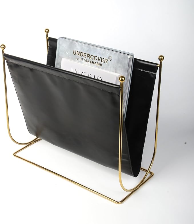 Black Leatherette Magazine Rack Holder, with Metal Ball Bracket,Modern Fashion Style for Books,Newspapers,Home Staging,Bedroom,Hotel,Offices and Living Rooms-DeskLoop Office
