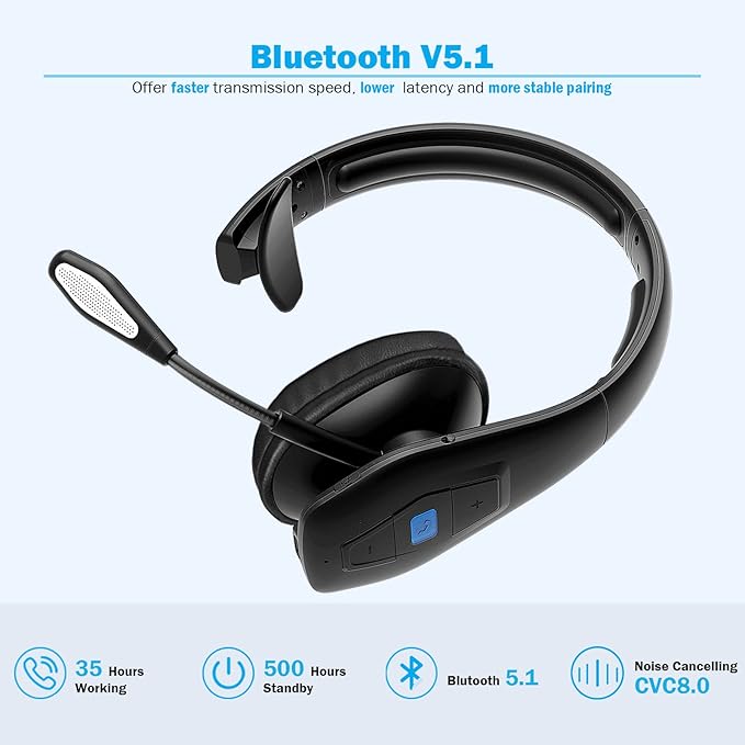 Conambo Noise Cancelling Bluetooth Headset V5.1, 35Hrs HD Talktime CVC8.0 Dual Mic Hands-Free Wireless Headset, Bluetooth Headphones with Mute Button for Cell Phones Business Home Office Trucker-DeskLoop Office