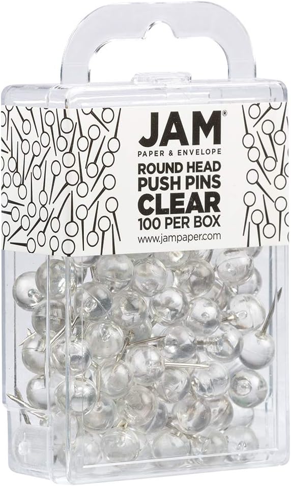 JAM PAPER Colorful Push Pins - Round Head Map Thumb Tacks - Clear Pushpins - 100/Pack-DeskLoop Office