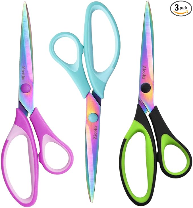 8.5" Scissors All Purpose, Multipurpose Office Scissors Set of 3 pack, Sharp Titanium Coating Blade and Soft Comfort-Grip Sturdy Scissors for Fabric School Craft Sewing Home, Right/Left Handed-DeskLoop Office