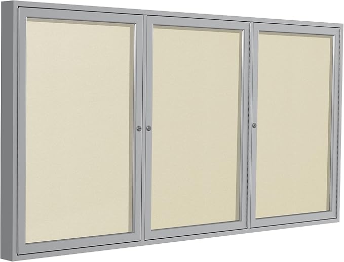 Ghent 48"x72" 3-Door Outdoor Enclosed Vinyl Bulletin Board, Shatter Resistant, with Lock, Satin Aluminum Frame - Ivory (PA34872VX-185), Made in the USA-DeskLoop Office