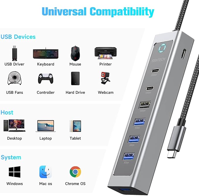 RSHTECH 7-Port USB C Hub Splitter 10Gbps with 3 USB-3.2 (2C + 1A), 4 USB-3.0 Ports and 2ft Long Cable, Aluminum USB-C Hub Multiport Adapters for Laptop and More, RSH-T17C-DeskLoop Office