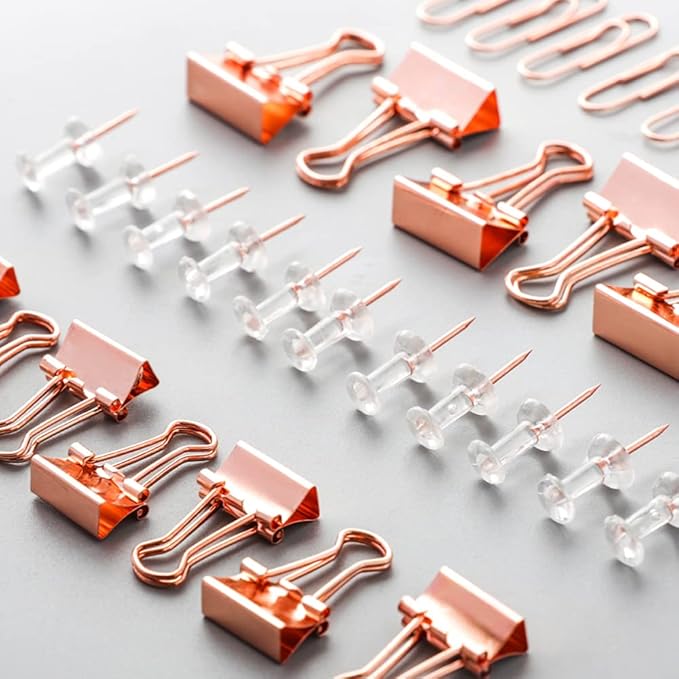 Paper Clips and Binder Clips Set, 3 Pack, 216 pcs, Metal Assorted Sized Binders with Push Pins, Cute Rose Gold Office Supplies for Desk, Desk Accessories-DeskLoop Office