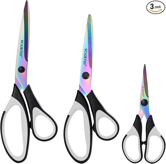 Craft Scissors Set of 3 Pack, All Purpose Sharp Titanium Blades Shears, Comfort Grip Handle, Multipurpose Fabric Scissors Tool Great for Adults, Office, Sewing, School and Home Supplies, White&Black-DeskLoop Office