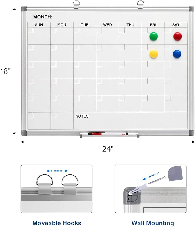 Comix Magnetic Dry Erase Calendar Whiteboard, 24 x 18 Inches Monthly Calendar Dry Erase Board for Wall, Aluminum Frame Planner White Board with Markers, Eraser, Magnets-DeskLoop Office