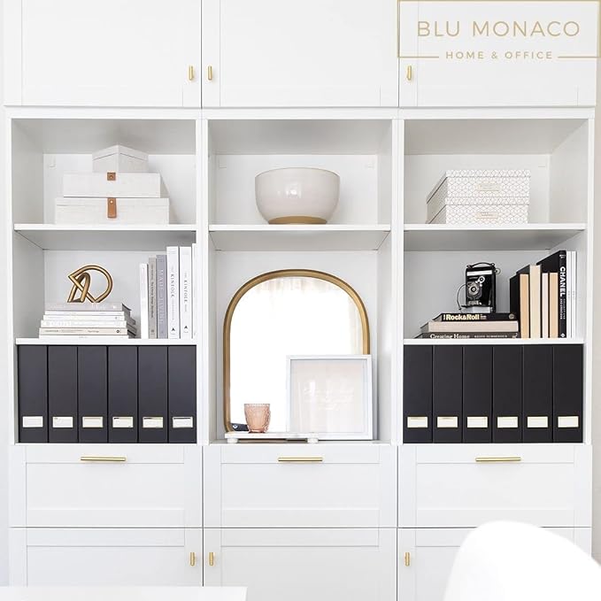 BLU MONACO Declutter in Style - Set of 6 Black Foldable Magazine File Holders with Gold Label Holders - Cardboard Magazine Storage Box & Desk Organizer for Workspace and Shelves-DeskLoop Office