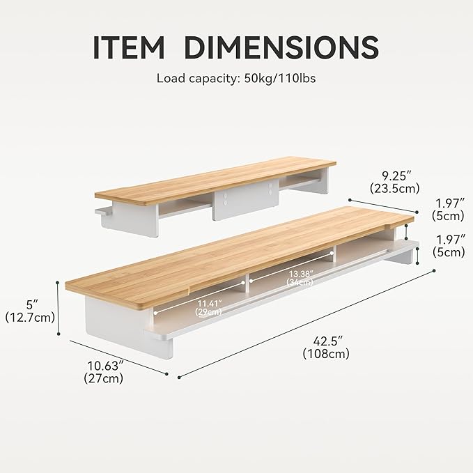 Monitor Stand Dual Monitor Stand Riser for Desk,Wood Desk Shelf Storage Organizer with Phone Tablet Holder (42.5 Inch, White & Natural Bamboo)-DeskLoop Office