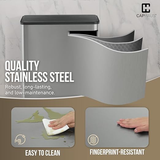 CAPHAUS Dual Trash Can with Lid, Trash and Recycling Bins Combo for Kitchen, Hands-Free Stainless-Steel Garbage Can with 2 Compartment, Hinged Lid, Odor Filter, Handles, 30L+30L, 2 x 8 Gallon-DeskLoop Office