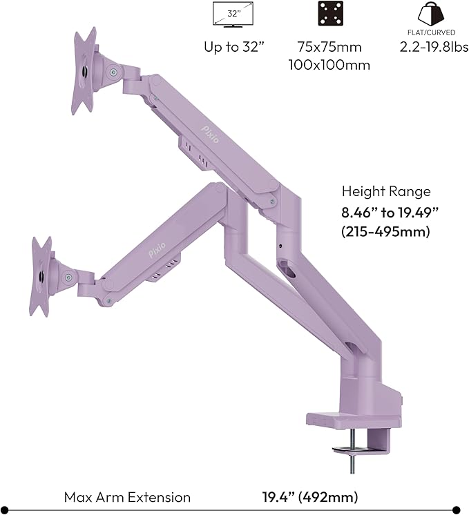 Pixio PS1D Wave Purple Dual Monitor Arm Stand Desk Mount - Fits up to 32 inches Monitors and up to 19.8lbs. VESA Compatibility and Integrated Cable Management-DeskLoop Office